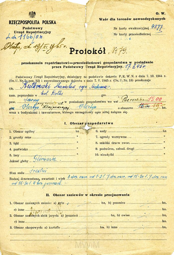 KKE 3513.jpg - Protokół przekazania Stanisławowi Rutkowskiemu - nadania ziemi przez PUR(19ha) w Olsztynie przy ulicy Kłajpedzkiej (dzisejsza Abramowskiego), Olsztyn, 17 października 1945 r. - Obecnie znajduje się tam cmentarz komunalny w Olsztynie.